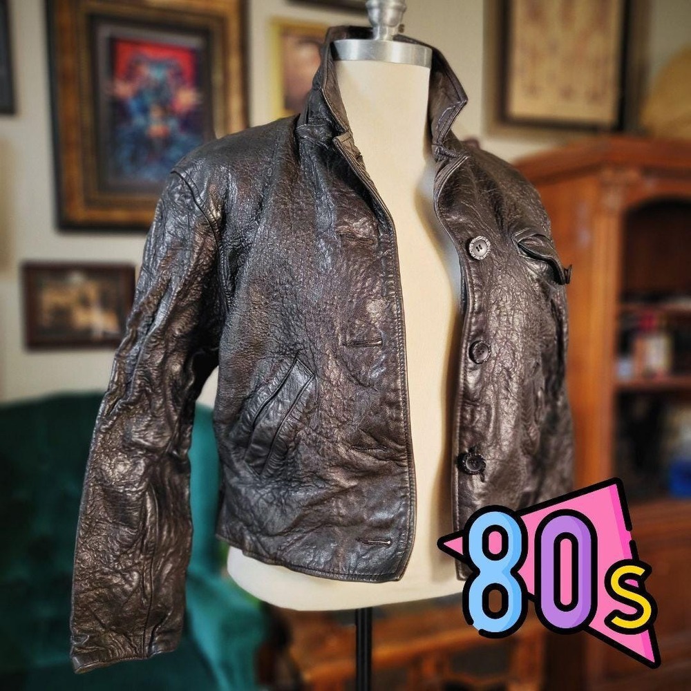 Studio Leather Jacket Vintage 80s Womens Medium Black Textured Biker Cropped